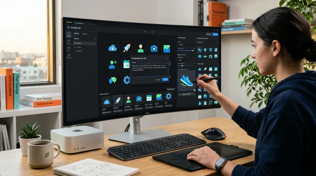 Illustration showing AI generating custom icons for websites, mobile apps, branding, and user interfaces using text prompts and design tools.